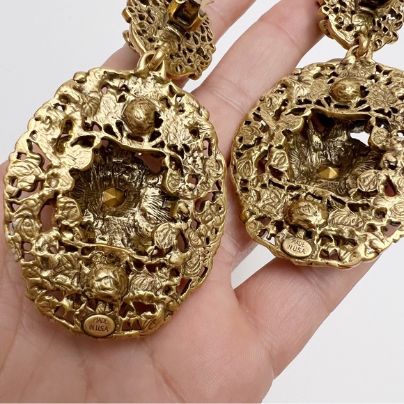 Oscar de la Renta Baroque Goldtone Enamel Floral Crystal Drop Clip On Earrings - Picture 10 of 11